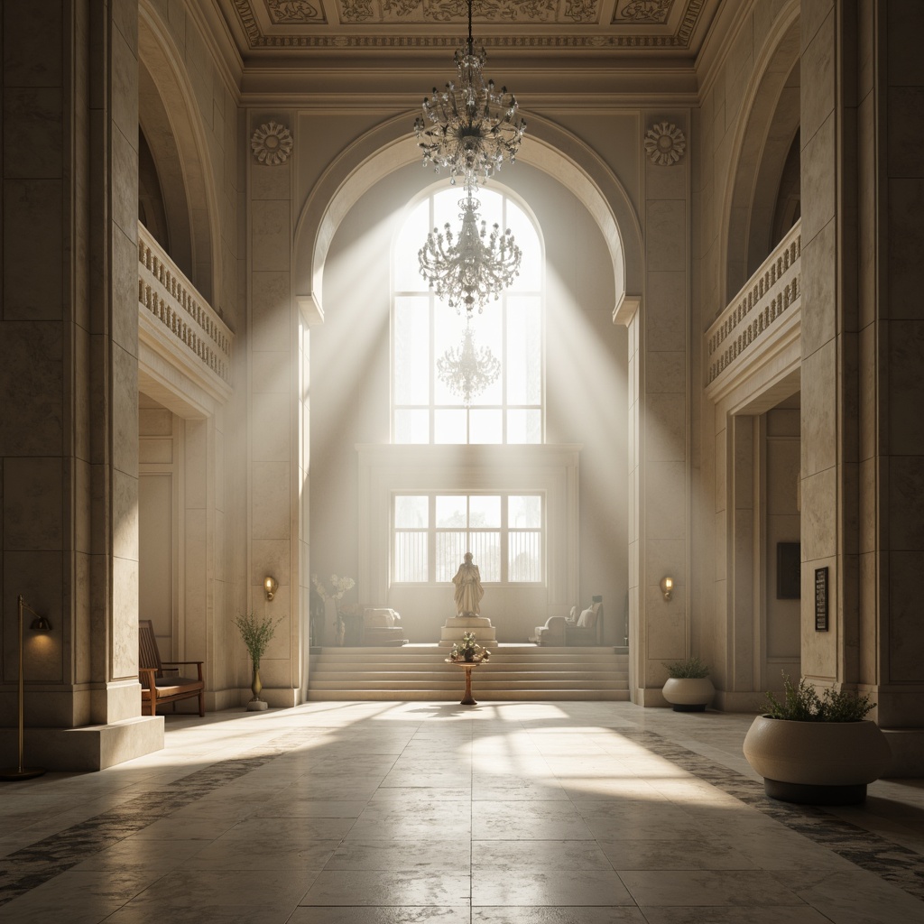 Prompt: Ethereal memorial interior, soft diffused light, gentle beam filtering, solemn atmosphere, reverent ambiance, subtle color gradations, creamy whites, muted grays, warm beige tones, polished marble floors, ornate metal fixtures, delicate glass chandeliers, intricate stone carvings, vaulted ceilings, grand archways, dramatic spotlights, low-key illumination, cinematic mood, 1/2 composition, shallow depth of field, realistic reflections, ambient occlusion.