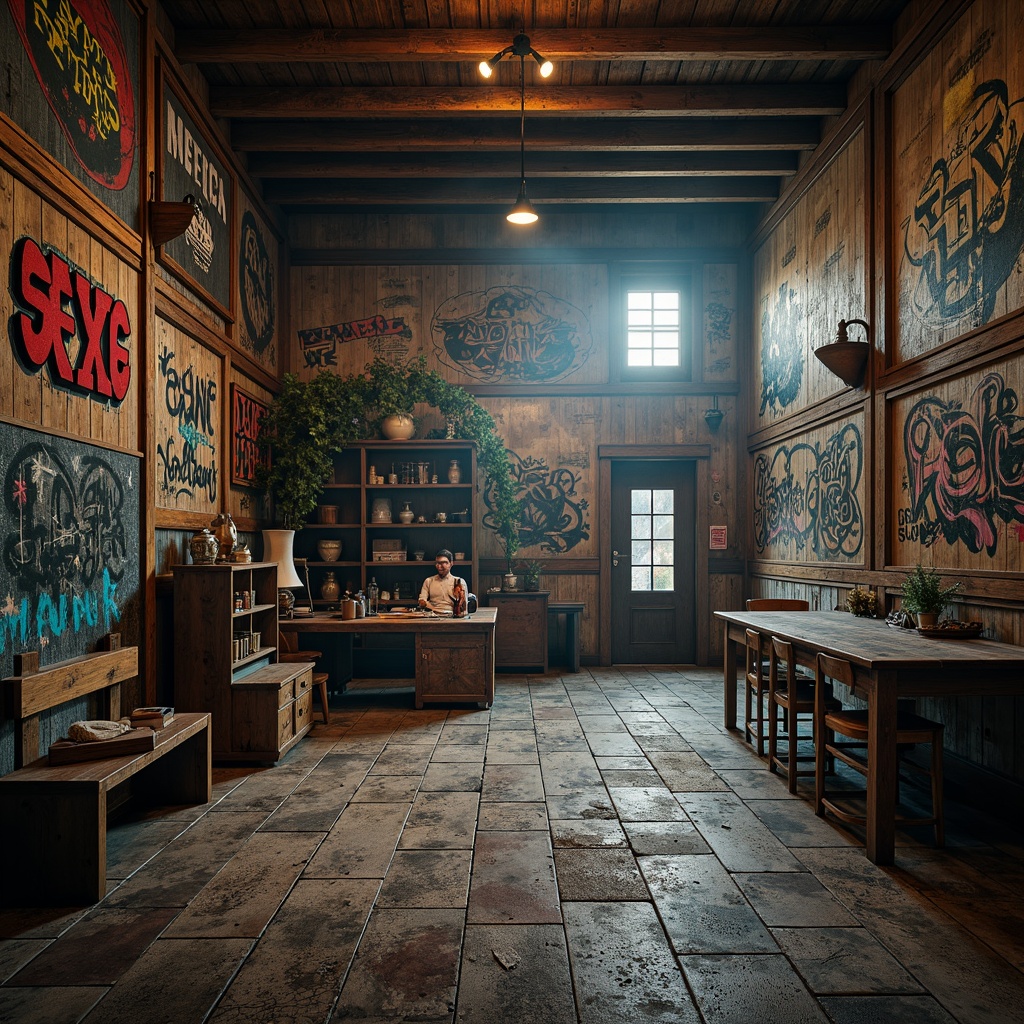 Prompt: Rustic wooden planks, distressed metal sheets, rough stone walls, vibrant graffiti murals, ornate architectural details, intricate stonework patterns, weathered brick facades, industrial steel beams, reclaimed wood accents, eclectic mix of textures, dynamic lighting effects, high contrast shading, cinematic depth cues, atmospheric mist, mysterious ambiance, 1/2 composition, dramatic camera angles, realistic material responses.