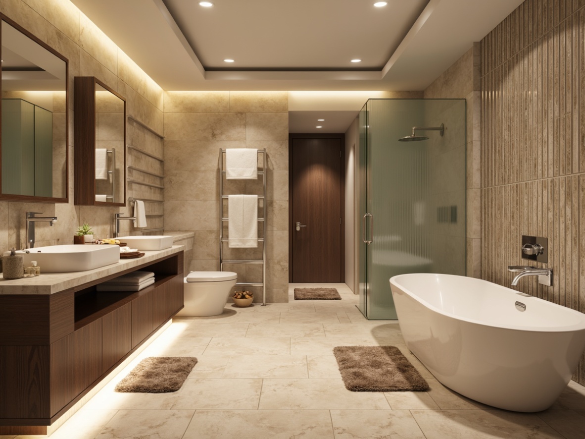 Prompt: Luxurious bathroom, freestanding tub, polished chrome fixtures, rainfall showerhead, body sprays, heated floors, marble countertops, soft LED lighting, modern sink vanity, wall-mounted toilet, frameless glass enclosure, spa-inspired ambiance, natural stone walls, plush bath mats, elegant faucets, decorative mirrors, frosted glass partitions, high-gloss cabinetry, ambient music system, warm beige tones, sophisticated color scheme, 3/4 composition, shallow depth of field, realistic textures, subtle reflections.