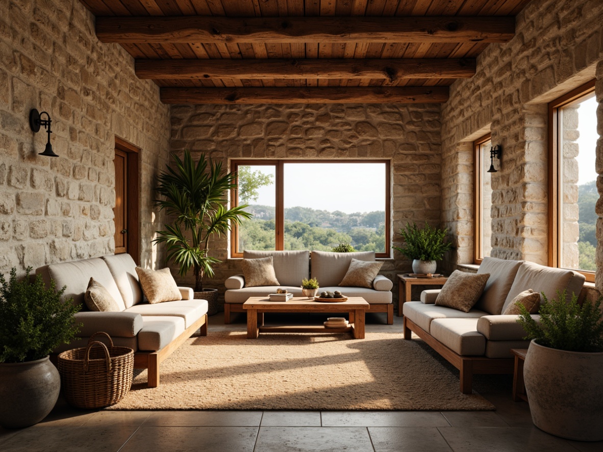 Prompt: Weathered stone walls, reclaimed wood accents, earthy color palette, natural textures, exposed wooden beams, vintage metal fixtures, distressed finishes, country-style furniture, plush cushions, woven baskets, potted greenery, soft warm lighting, shallow depth of field, 1/1 composition, cozy atmosphere, rustic charm, countryside views, rolling hills, serene landscape.