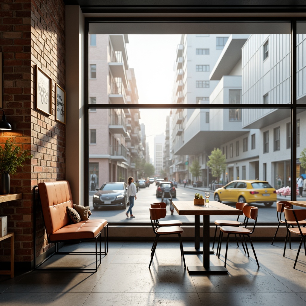 Prompt: Minimalist breakfast nook, geometric shapes, clean lines, industrial materials, steel chairs, wooden tables, leather upholstery, functional simplicity, primary color accents, natural light, large windows, urban views, modern cityscape, busy streets, morning atmosphere, warm lighting, shallow depth of field, 1/1 composition, realistic textures, ambient occlusion.