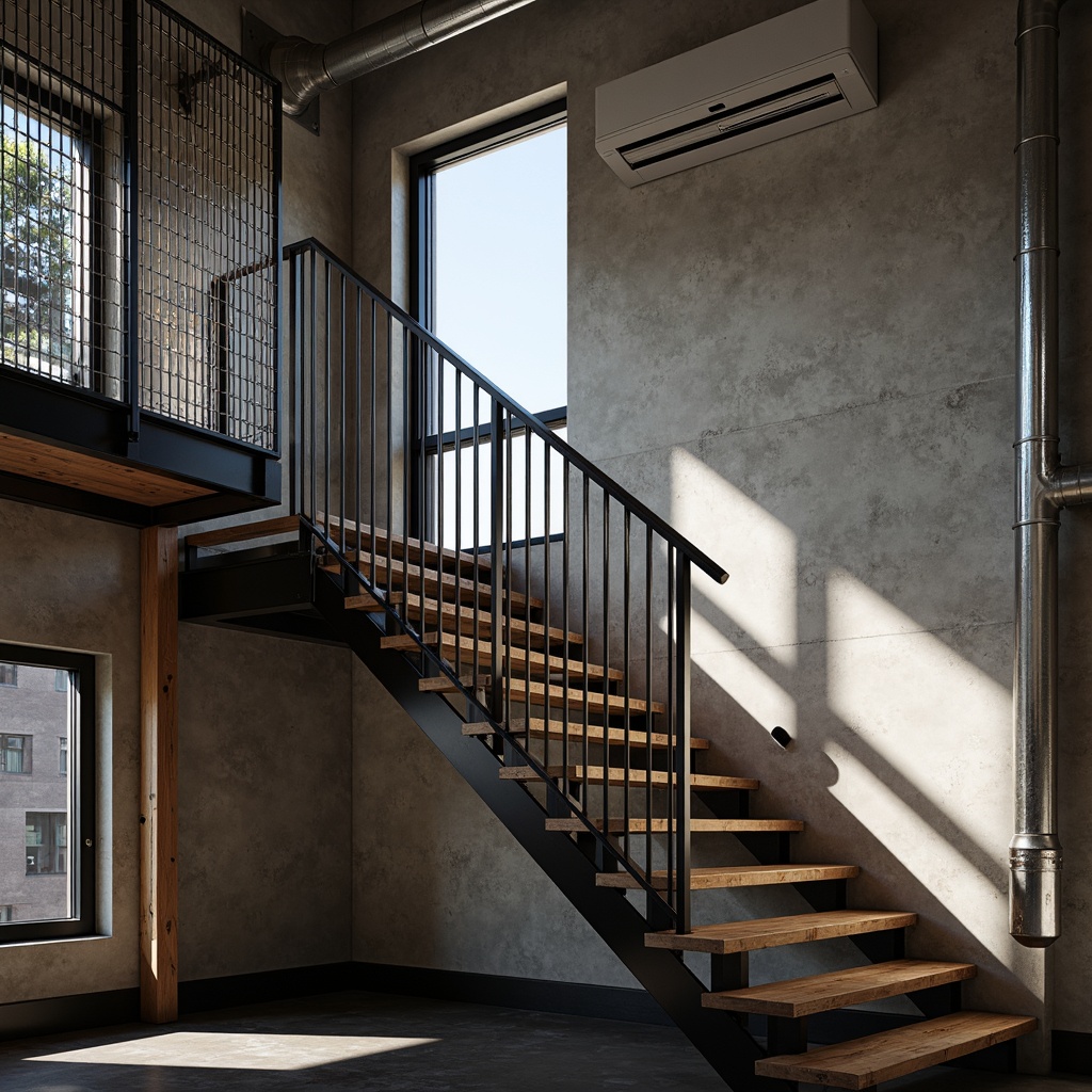 Prompt: Industrial staircase, metal handrail, wooden treads, concrete walls, exposed ductwork, modern minimalist design, sleek steel beams, polished chrome accents, matte black finishes, reclaimed wood details, industrial-chic aesthetic, urban loft atmosphere, natural light pouring in, dramatic shadows, low-angle photography, 1-point perspective composition, high-contrast lighting, realistic metal textures.