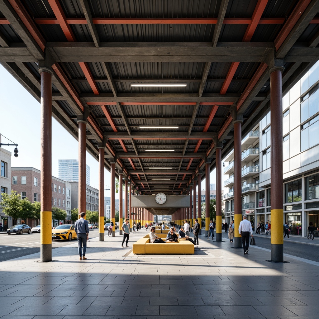 Prompt: Clean-lined bus station, rectangular forms, primary colors, functional layout, open floor plan, minimalist aesthetic, steel beams, concrete flooring, industrial-style lighting, geometric shapes, asymmetrical compositions, bold typography, urban surroundings, busy streets, modern cityscape, natural light pouring in, shallow depth of field, 2/3 composition, realistic materials, ambient occlusion.