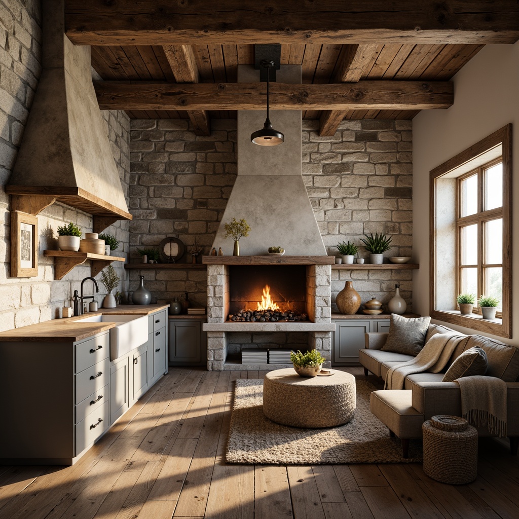 Prompt: Weathered stone walls, distressed wood accents, vintage metal hardware, earthy color palette, natural textures, farmhouse sink, rustic kitchen island, exposed wooden beams, reclaimed wood flooring, cozy living room, plush throw blankets, warm candlelight, soft afternoon sunlight, shallow depth of field, 1/1 composition, realistic render, ambient occlusion.