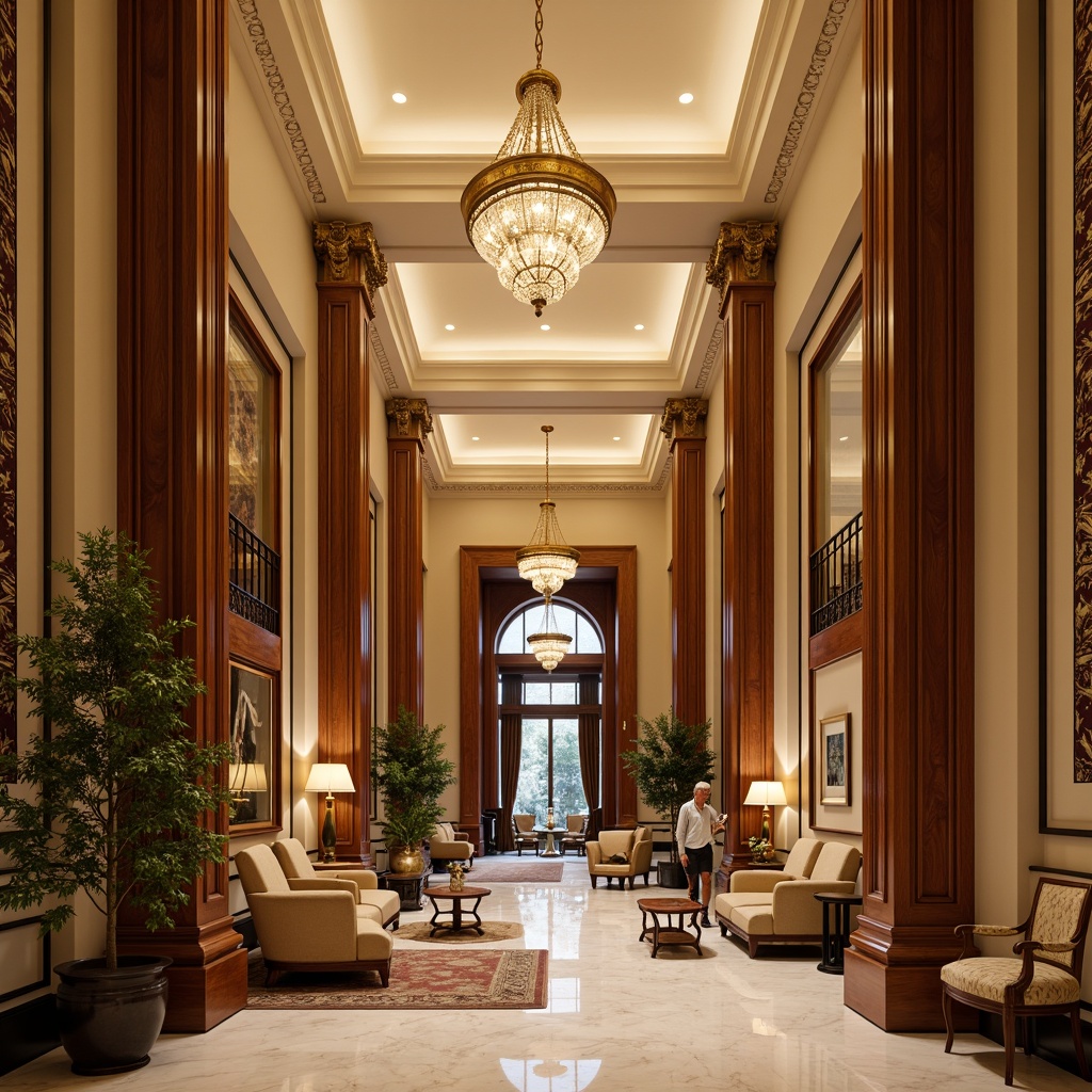 Prompt: Luxurious hotel lobby, ornate chandeliers, rich wood paneling, intricate moldings, velvet drapes, marble flooring, elegant furnishings, traditional architecture, warm beige walls, creamy white trim, decorative wainscoting, textured wallpaper, soft golden lighting, shallow depth of field, 1/1 composition, intimate atmosphere, realistic textures, ambient occlusion.