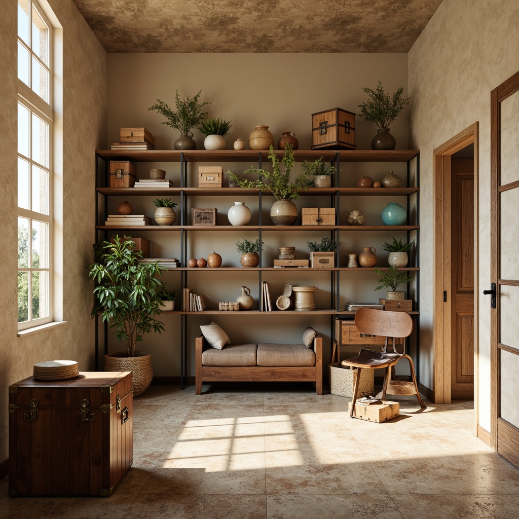 Prompt: Cozy storage room, warm beige walls, soft cream shelves, rustic wooden crates, industrial metal racks, vintage luggage trunks, earthy brown floors, natural stone accents, calming turquoise hints, creamy white lighting, subtle texture contrasts, shallow depth of field, 1/2 composition, realistic renderings, ambient occlusion.