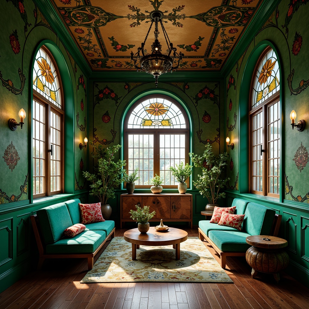 Prompt: Opulent Art Nouveau interior, rich jewel-toned colors, emerald green walls, turquoise accents, golden ornaments, intricate floral patterns, sinuous lines, organic forms, luxurious velvet fabrics, polished wooden floors, ornate metalwork, stained glass windows, soft warm lighting, dramatic shadows, 3/4 composition, realistic textures, ambient occlusion.