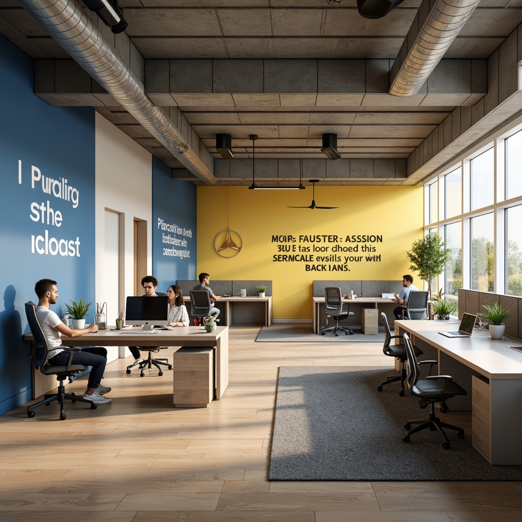 Prompt: Modern office interior, collaborative workspaces, sleek desks, ergonomic chairs, creative brainstorming areas, inspirational quotes, vibrant accent walls, calming blue tones, energizing yellow hues, neutral beige backgrounds, natural wood textures, minimalist decor, abundant natural light, soft warm lighting, shallow depth of field, 3/4 composition, realistic textures, ambient occlusion.