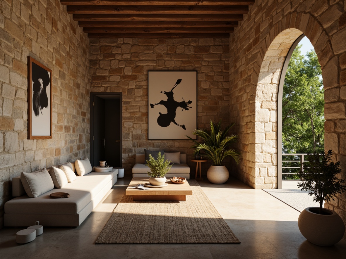 Prompt: Rustic stone walls, earthy tones, natural textures, modern minimalist decor, warm ambient lighting, shallow depth of field, 3/4 composition, abstract geometric patterns, contrasting materiality, organic shapes, cozy intimate spaces, soft furnishings, wooden accents, botanical elements, verdant greenery.