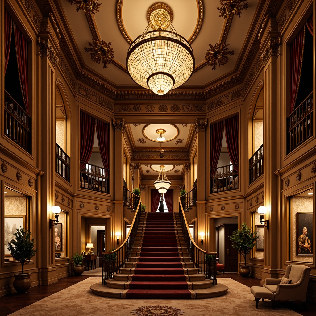 Prompt: Luxurious interior space, ornate moldings, intricately carved details, grand staircase, opulent chandelier, lavish furnishings, velvet drapes, gilded frames, richly textured wallpaper, intricate patterns, regal atmosphere, warm golden lighting, shallow depth of field, 1/1 composition, realistic textures, ambient occlusion.