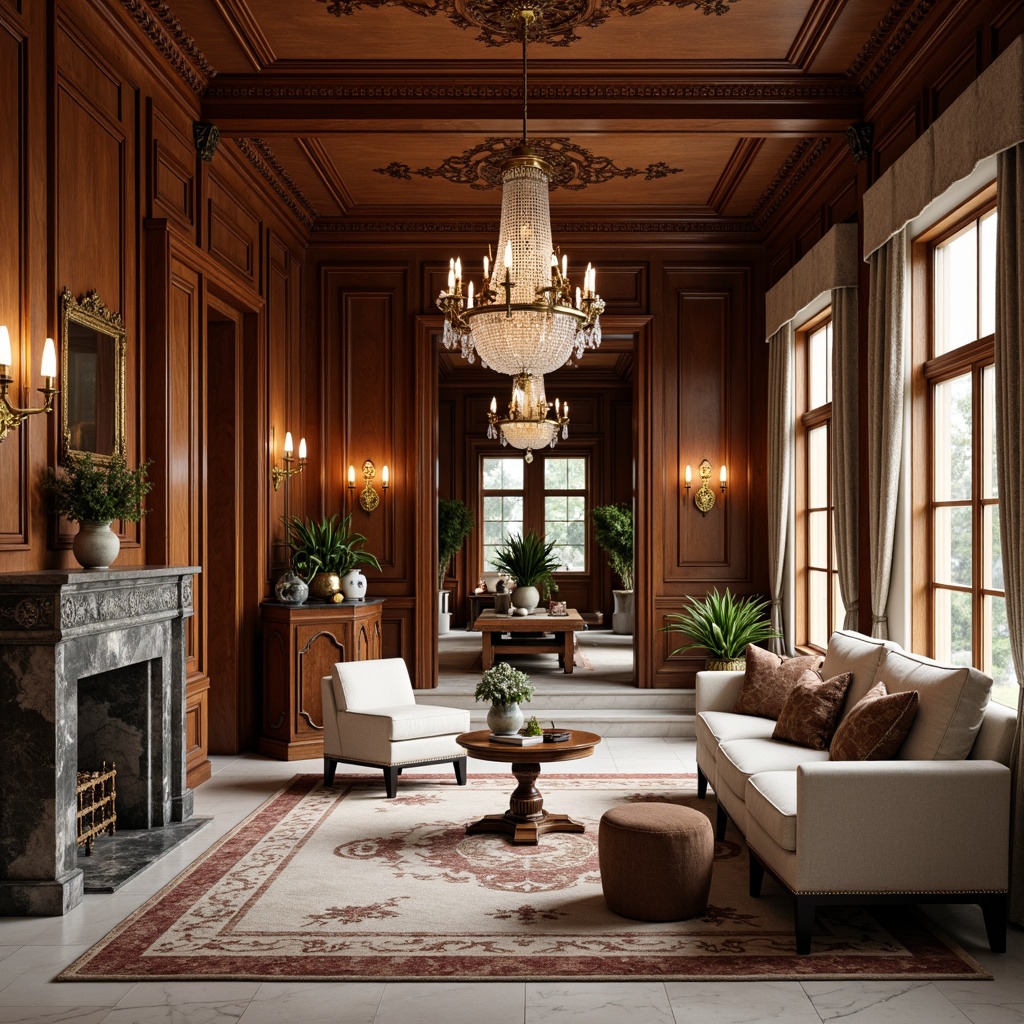 Prompt: Luxurious interior, rich wood tones, ornate moldings, crystal chandeliers, velvety soft carpets, marble flooring, elegant furnishings, subtle neutrals, sophisticated textures, refined lines, classic proportions, warm ambient lighting, shallow depth of field, 2/3 composition, realistic reflections, ornate metalwork, vintage accessories.