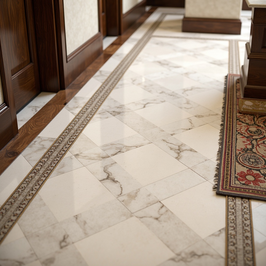 Prompt: Intricate marble floors, creamy white hues, subtle vein patterns, polished finish, ornate inlays, hardwood borders, rich walnut tones, classic herringbone parquet, soft carpet inserts, decorative area rugs, luxurious silk fabrics, ornamental metalwork, subtle sheen, warm ambient lighting, shallow depth of field, 1/2 composition, realistic textures, ambient occlusion.