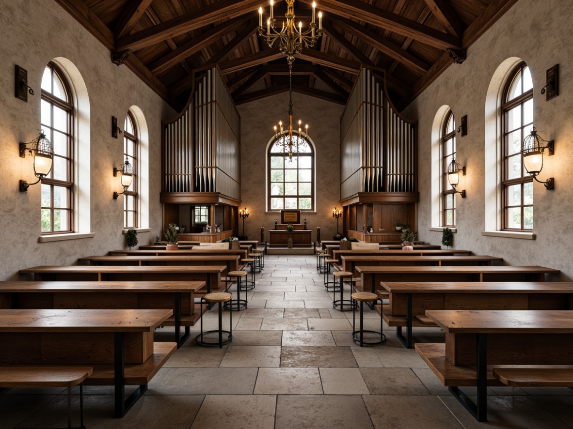 Prompt: Rustic wooden pews, ornate metal chandeliers, stained glass windows, vaulted ceilings, grand organ pipes, modern minimalist altar, sleek wooden benches, industrial metal chairs, reclaimed wood accents, natural stone flooring, soft warm lighting, shallow depth of field, 3/4 composition, panoramic view, realistic textures, ambient occlusion, fusion of traditional and contemporary styles, eclectic mix of vintage and modern elements.