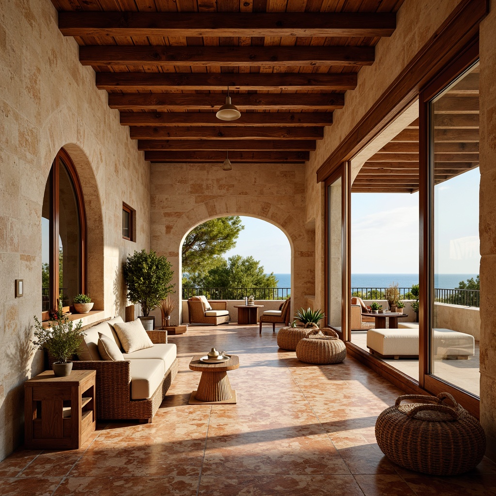 Prompt: Warm Mediterranean interior, rustic stone walls, terracotta flooring, wooden beams, ornate tiles, soft warm lighting, table lamps, floor lamps, pendant lights, candlelight, natural daylight, large windows, sliding glass doors, ocean views, sunny day, shallow depth of field, 3/4 composition, warm color palette, earthy tones, textured fabrics, woven baskets, Mediterranean-inspired patterns.