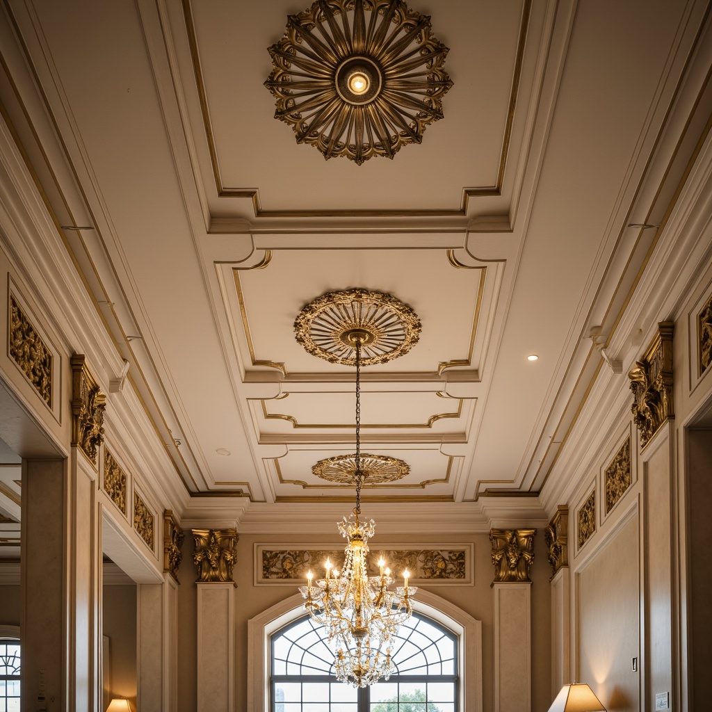 Prompt: Ornate ceiling medallions, intricate moldings, elegant arches, classical cornices, refined plasterwork, subtle gold leaf accents, ornamental rosettes, sophisticated coffered ceilings, luxurious crystal chandeliers, soft warm lighting, shallow depth of field, 1/1 composition, realistic textures, ambient occlusion.