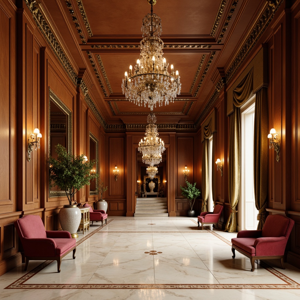 Prompt: Elegant neoclassical interior, rich wood paneling, ornate moldings, cream-colored marble floors, luxurious velvet fabrics, golden accents, crystal chandeliers, soft warm lighting, subtle shadows, 3/4 composition, shallow depth of field, realistic textures, ambient occlusion.