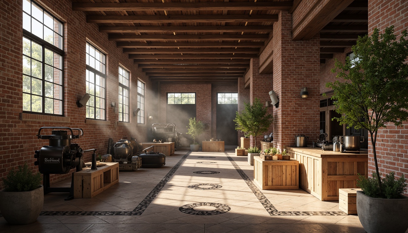 Prompt: Rustic industrial factory, distressed brick walls, wooden beams, metal accents, earthy color palette, natural stone flooring, reclaimed wood crates, vintage machinery, ornate ironwork, decorative ceramic tiles, potted olive trees, warm sunny lighting, soft shadows, atmospheric mist, 1/1 composition, realistic textures, subtle ambient occlusion.