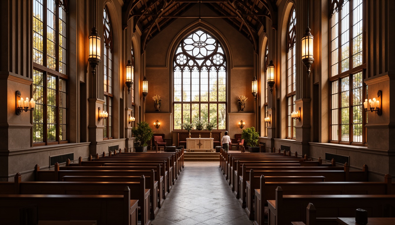 Prompt: Elegant church interior, stained glass windows, warm wooden pews, ornate altar, subtle ambient lighting, soft warm glow, LED candles, pendant lights, chandeliers, lantern-style fixtures, rustic metal accents, earthy tone walls, high ceilings, grandiose architecture, dramatic vertical lines, natural daylight, diffused sidelight, 1/2 composition, realistic reflections, atmospheric rendering.