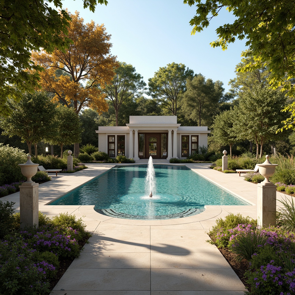 Prompt: Elegant swimming pool, ornate fountains, lush greenery, vibrant flowers, natural stone paving, curved pathways, symmetrical design, classic columns, decorative statues, tranquil water features, serene atmosphere, warm sunny day, soft golden lighting, shallow depth of field, 1/1 composition, panoramic view, realistic textures, ambient occlusion.