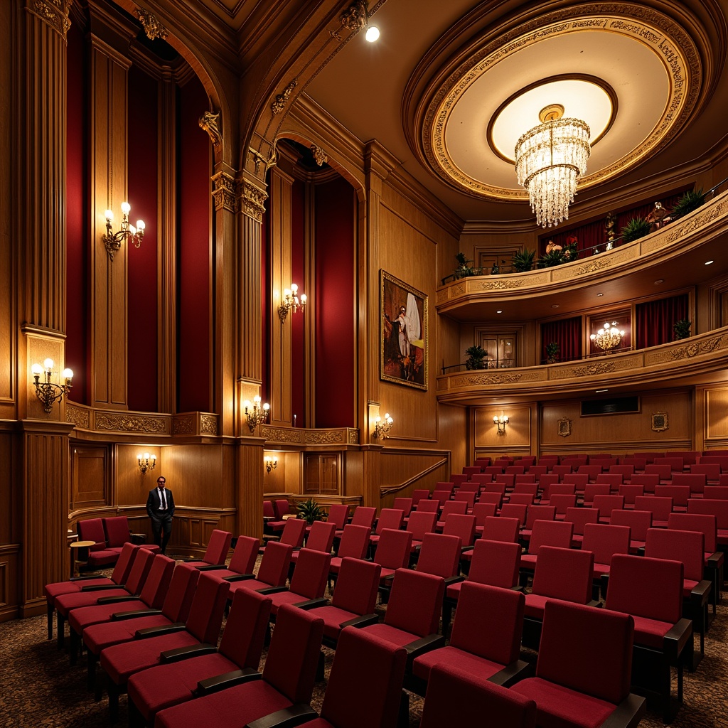 Prompt: Elegant theater interior, sound-absorbing acoustic panels, rich wood tones, plush velvet seats, ornate golden details, crystal chandeliers, soft warm lighting, intimate setting, curved balconies, intricate molding, high ceilings, optimal sound quality, precise sound reflections, minimal echo, clear vocal clarity, immersive audio experience, cinematic ambiance, realistic soundscapes.