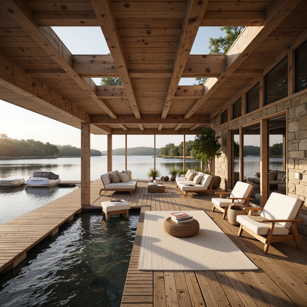 Prompt: Waterfront location, wooden dock, tranquil lake views, boathouse interior, rustic wood accents, natural stone walls, floor-to-ceiling windows, skylights, sliding glass doors, minimalist decor, warm beige tones, soft creamy whites, weathered wood furniture, nautical touches, cozy reading nooks, comfortable seating areas, abundant natural light, indirect sunlight, warm glow, shallow depth of field, 1/1 composition, panoramic view, realistic textures, ambient occlusion.