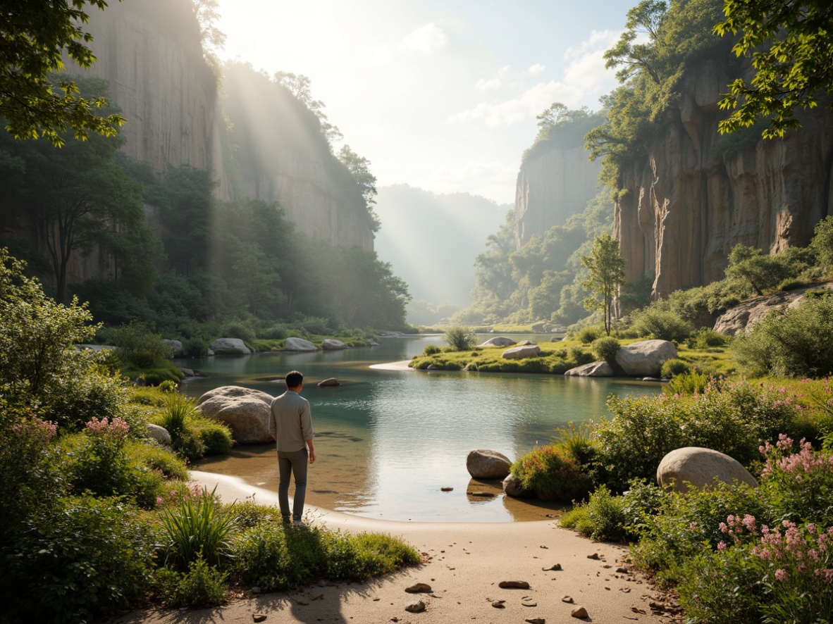 Prompt: Earthy tone, mossy green, sky blue, sandy beige, driftwood gray, blooming florals, soft misty atmosphere, warm golden sunlight, gentle water reflections, natural stone textures, organic curves, whimsical botanical patterns, intricate leaf details, subtle gradient transitions, serene landscape views, atmospheric perspective, realistic ambient lighting.