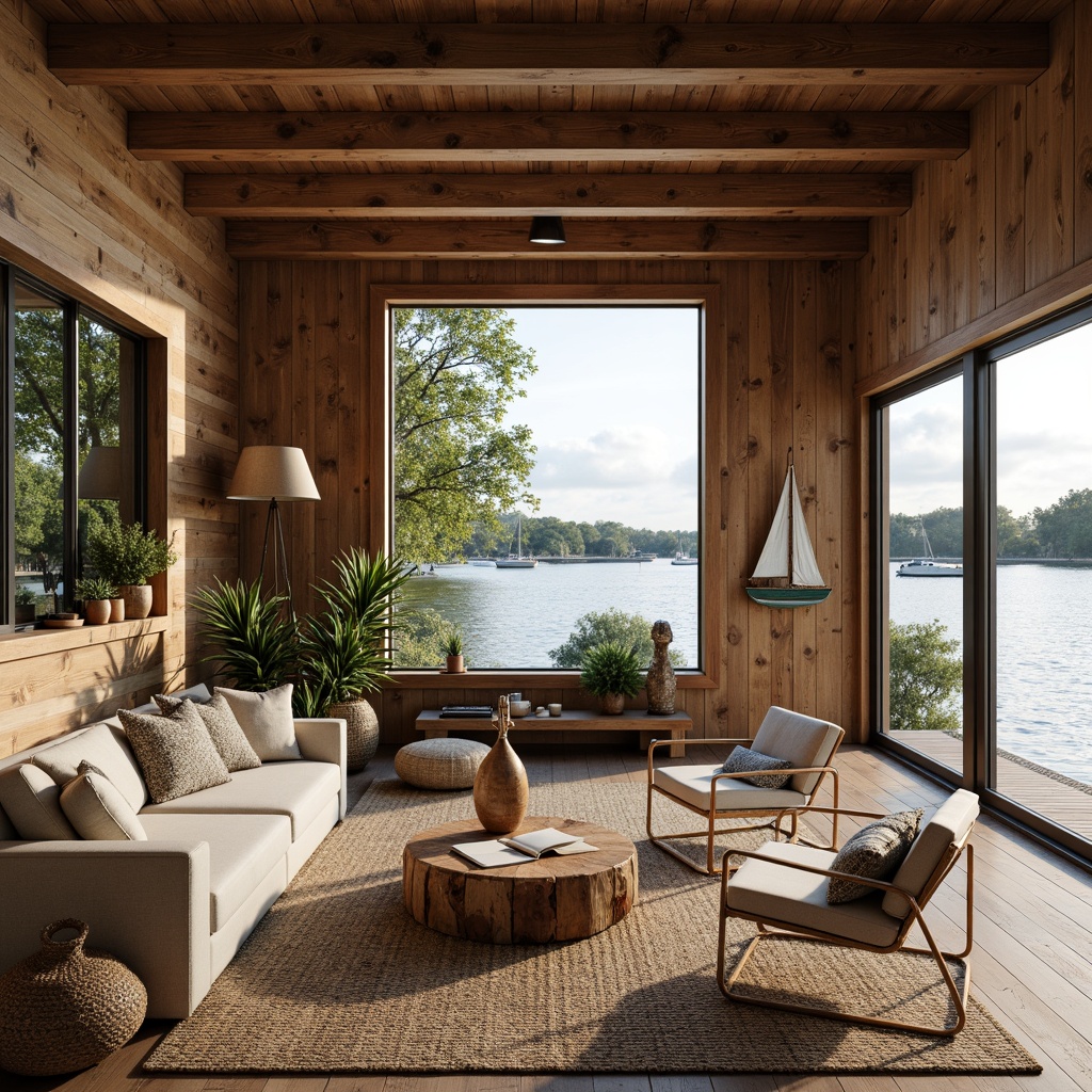 Prompt: Waterfront boathouse, open floor plan, modern rustic decor, wooden accents, natural textiles, nautical elements, vintage boat decorations, lakeside scenery, surrounding trees, soft warm lighting, shallow depth of field, 3/4 composition, panoramic view, realistic water reflections, ambient occlusion, cozy reading nooks, plush furnishings, minimalist color palette, organic shapes, earthy tones, reclaimed wood, industrial metal fixtures, floor-to-ceiling windows, sliding glass doors.