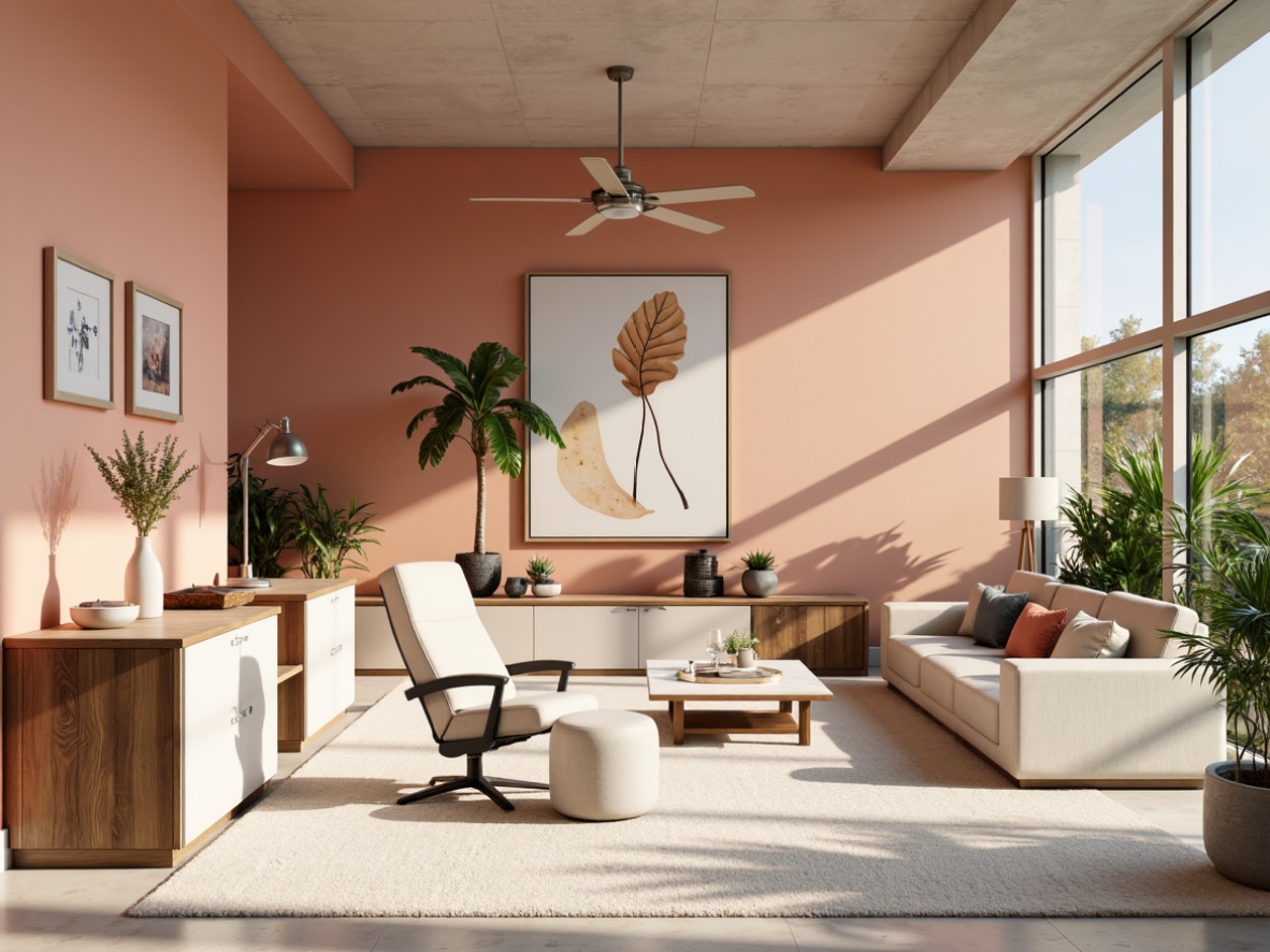 Prompt: Vibrant modern office, sleek minimalist furniture, pastel color scheme, soft peach walls, rich charcoal accents, creamy white countertops, natural wood textures, geometric patterns, abstract artwork, floor-to-ceiling windows, abundant natural light, warm cozy atmosphere, 1/1 composition, realistic renderings, ambient occlusion.