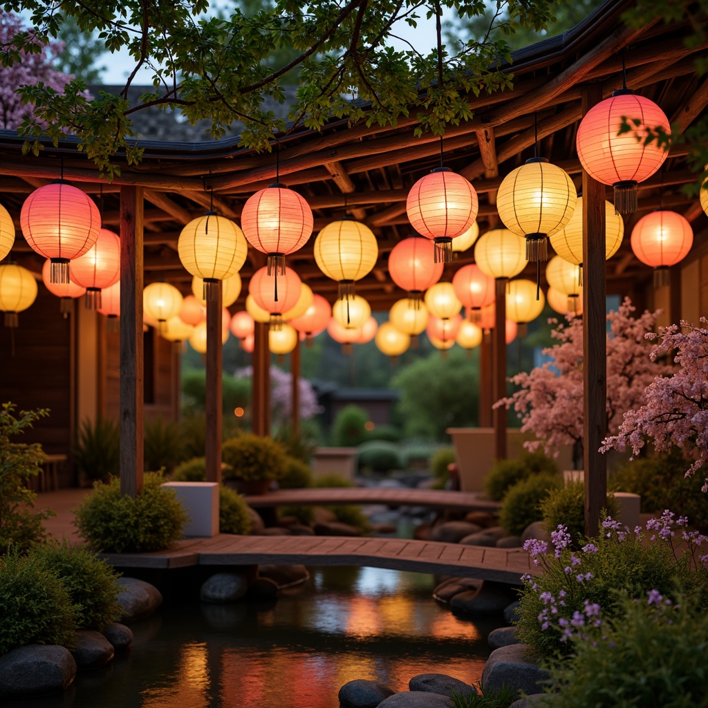 Prompt: Vibrant lantern-inspired lighting, colorful paper lanterns, soft warm glow, natural wood accents, woven bamboo shades, playful pendant lights, whimsical cloud-shaped fixtures, gentle LED strips, rice paper lampshades, minimalist metal frames, subtle Japanese patterns, serene Asian-style gardens, lush greenery, blooming cherry blossoms, calm water features, wooden bridges, tranquil atmosphere, softbox lighting, 1/2 composition, shallow depth of field, realistic textures, ambient occlusion.