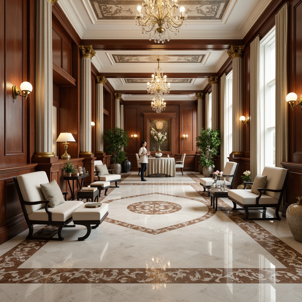 Prompt: Elegant neoclassical interior, polished marble floors, intricate inlays, ornate patterns, rich wood tones, walnut paneling, luxurious carpeting, subtle sheen, soft warm lighting, high ceilings, grand chandeliers, classic columns, ornate moldings, symmetrical composition, neutral color palette, creamy whites, soft grays, beige accents, traditional furnishings, vintage accessories, refined textures, realistic reflections.