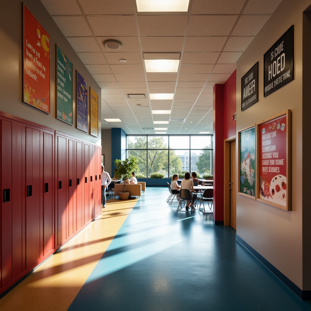 Prompt: Vibrant high school hallway, lockers, educational posters, modern flooring, soft warm lighting, shallow depth of field, 3/4 composition, panoramic view, realistic textures, ambient occlusion, natural light pouring in through large windows, glass doors, suspended ceiling lamps, recessed lighting, energy-efficient LED lights, colorful accent walls, collaborative learning spaces, flexible seating arrangements, technology-integrated classrooms, interactive whiteboards, inspirational quotes, motivational artwork.