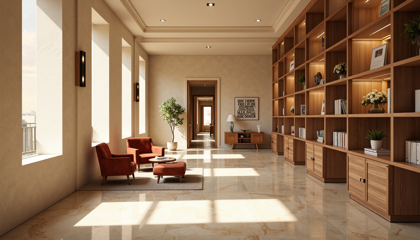 Prompt: Warm beige walls, rich walnut wood accents, soft cream-colored bookshelves, comfortable reading nooks, plush velvet armchairs, warm golden lighting, subtle natural textures, elegant marble floors, modern minimalist furniture, floor-to-ceiling windows, abundance of natural light, gentle color transitions, soothing atmosphere, cozy corners, inviting community spaces, quiet study areas, inspirational quotes on walls, warm earthy tones, serene ambiance, 1/2 composition, shallow depth of field, realistic render.