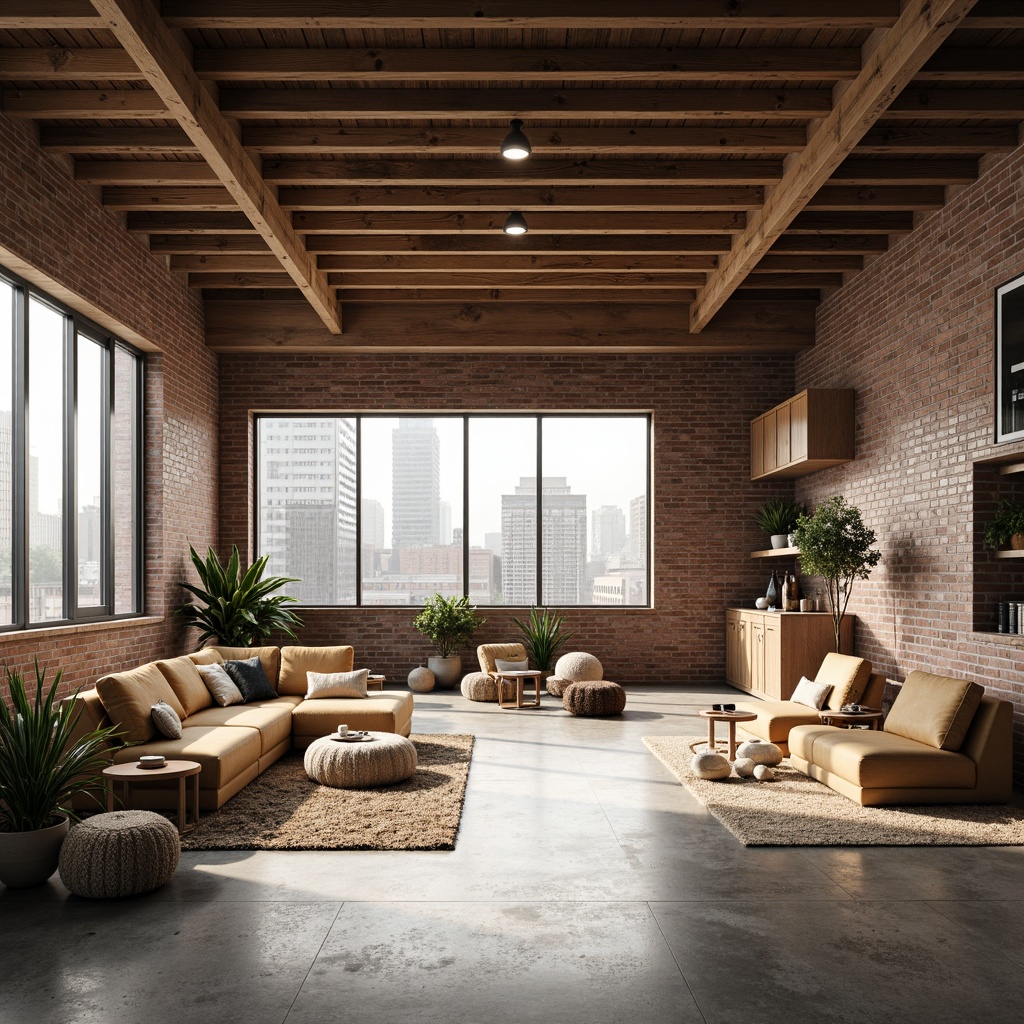 Prompt: Industrial warehouse, Scandinavian minimalist style, exposed brick walls, wooden beams, polished concrete floors, modern metal accents, functional lighting, open layout, flexible workspaces, cozy nooks, plush rugs, natural textiles, earthy color palette, abundant natural light, large windows, sliding glass doors, urban views, industrial chic decor, reclaimed wood furniture, minimalist art pieces, airy atmosphere, soft warm lighting, shallow depth of field, 3/4 composition, panoramic view, realistic textures, ambient occlusion.