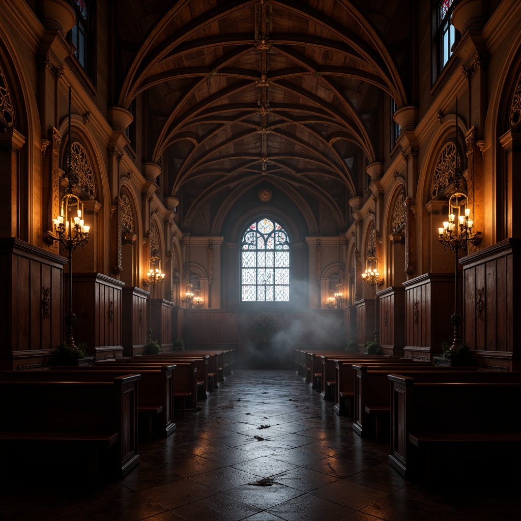 Prompt: Dark mysterious ambiance, ornate Gothic arches, grandiose chandeliers, warm candlelight, rich wood paneling, intricate stone carvings, dramatic vaulted ceilings, luxurious velvet drapes, mystical stained glass windows, eerie shadows, soft warm glow, cinematic mood lighting, high contrast ratio, subtle color grading, 3-point lighting setup, atmospheric fog effects.