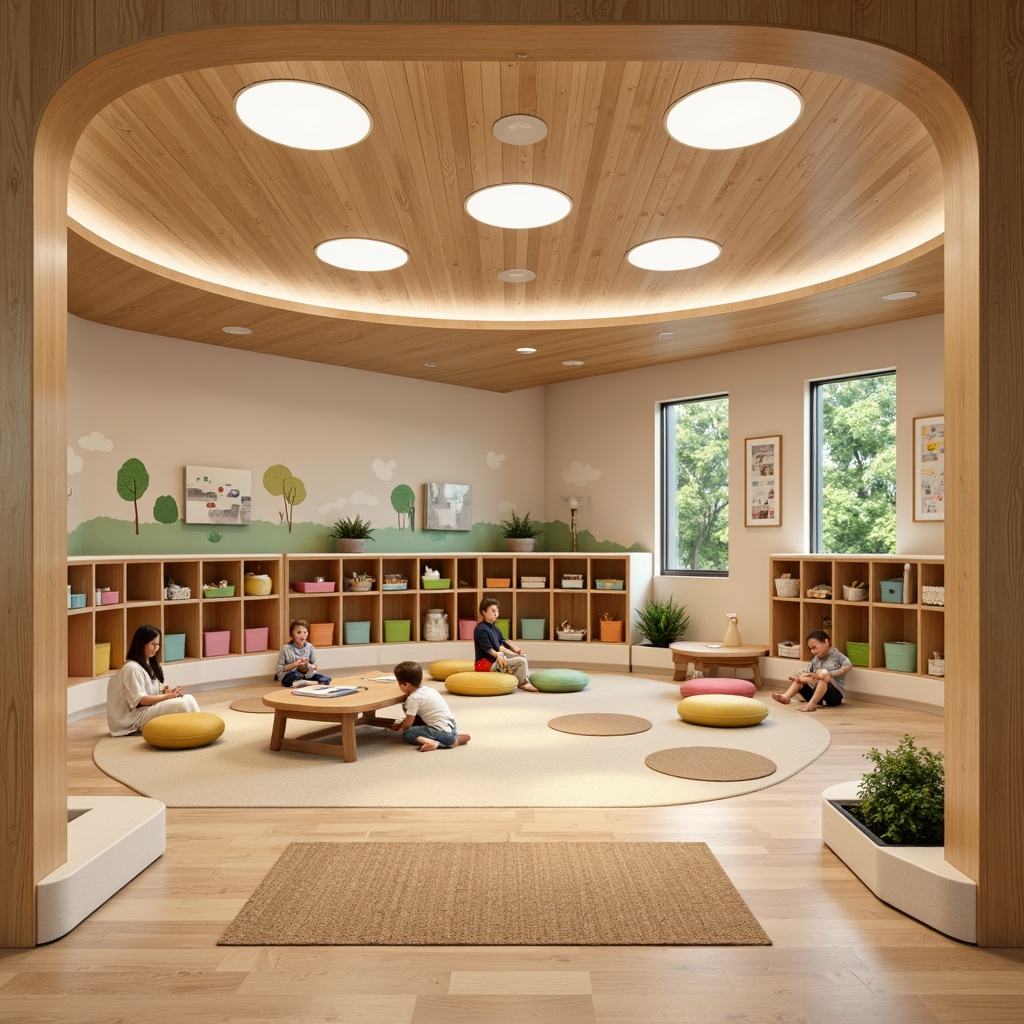 Prompt: Minimalist kindergarten interior, warm wooden tones, natural textures, soft pastel colors, circular shapes, playful furniture designs, curved bookshelves, colorful storage bins, cozy reading nooks, interactive play areas, educational wall graphics, gentle lighting fixtures, Asian-inspired motifs, woven bamboo accents, plush area rugs, kid-friendly materials, ergonomic seating, collaborative learning spaces, harmonious color schemes, 1/1 composition, softbox lighting, warm and inviting atmosphere.