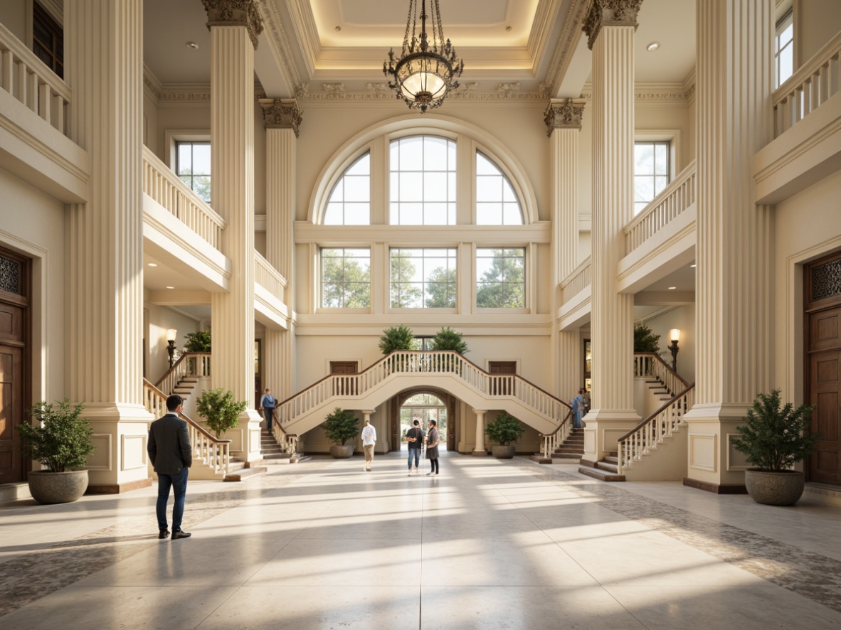 Prompt: Grandiose middle school building, neoclassical architecture style, Corinthian columns, ornate capitals, rusticated bases, symmetrical facade, grand entrance, sweeping staircases, marble flooring, elegant chandeliers, cream-colored walls, classical pediments, arched windows, ornate moldings, subtle color palette, soft natural lighting, shallow depth of field, 1/2 composition, realistic textures, ambient occlusion.