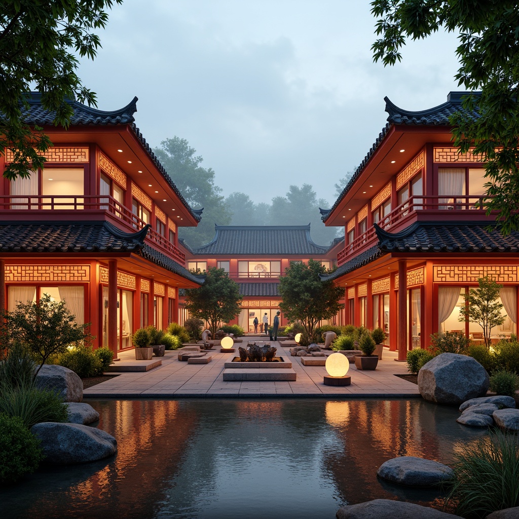 Prompt: Vibrant distribution center, traditional Asian architecture, pagoda-inspired roofs, bold red accents, golden trim, natural wood tones, earthy terracotta floors, lush greenery, serene water features, lantern-style lighting, warm ambient glow, cozy atmospheric mist, shallow depth of field, 3/4 composition, panoramic view, realistic textures, ambient occlusion.