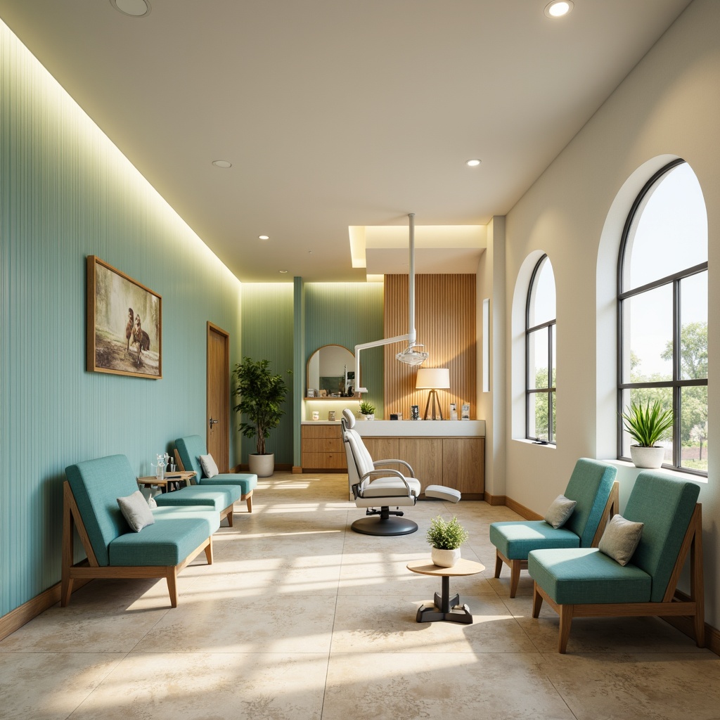 Prompt: \Calm dental clinic, soothing blue-green color scheme, cream-colored walls, warm wooden accents, gentle lighting, comfortable seating areas, natural stone floors, modern minimalist decor, serene atmosphere, gentle curves, rounded shapes, subtle textures, soft focus, shallow depth of field, 1/1 composition, realistic renderings.\Please let me know if this meets your requirements or if I need to make any adjustments!