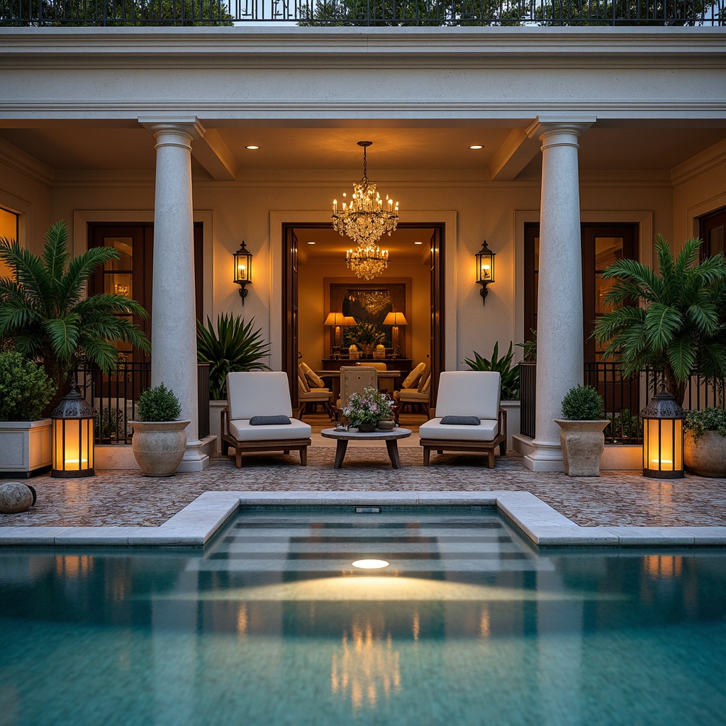 Prompt: Luxurious poolside, ornate iron fencing, elegant stone decking, majestic columns, carved wooden lounge chairs, plush velvet cushions, antique bronze lanterns, crystal chandeliers, refined marble tables, intricate mosaic patterns, warm golden lighting, shallow depth of field, 1/2 composition, serene atmosphere, realistic water reflections.