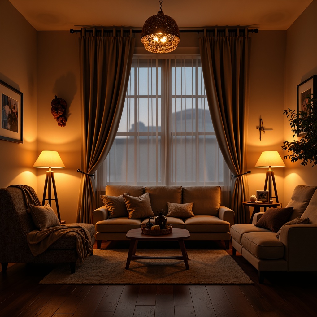 Prompt: Cosy living room, warm ambient lighting, table lamps, floor lamps, pendant lights, softbox lights, LED strip lights, dimmable lighting, mood-setting colours, warm beige walls, dark wood flooring, plush furniture, textured throw blankets, vintage decorative items, intimate seating areas, relaxed atmosphere, golden hour, soft focus, shallow depth of field, 1/1 composition.