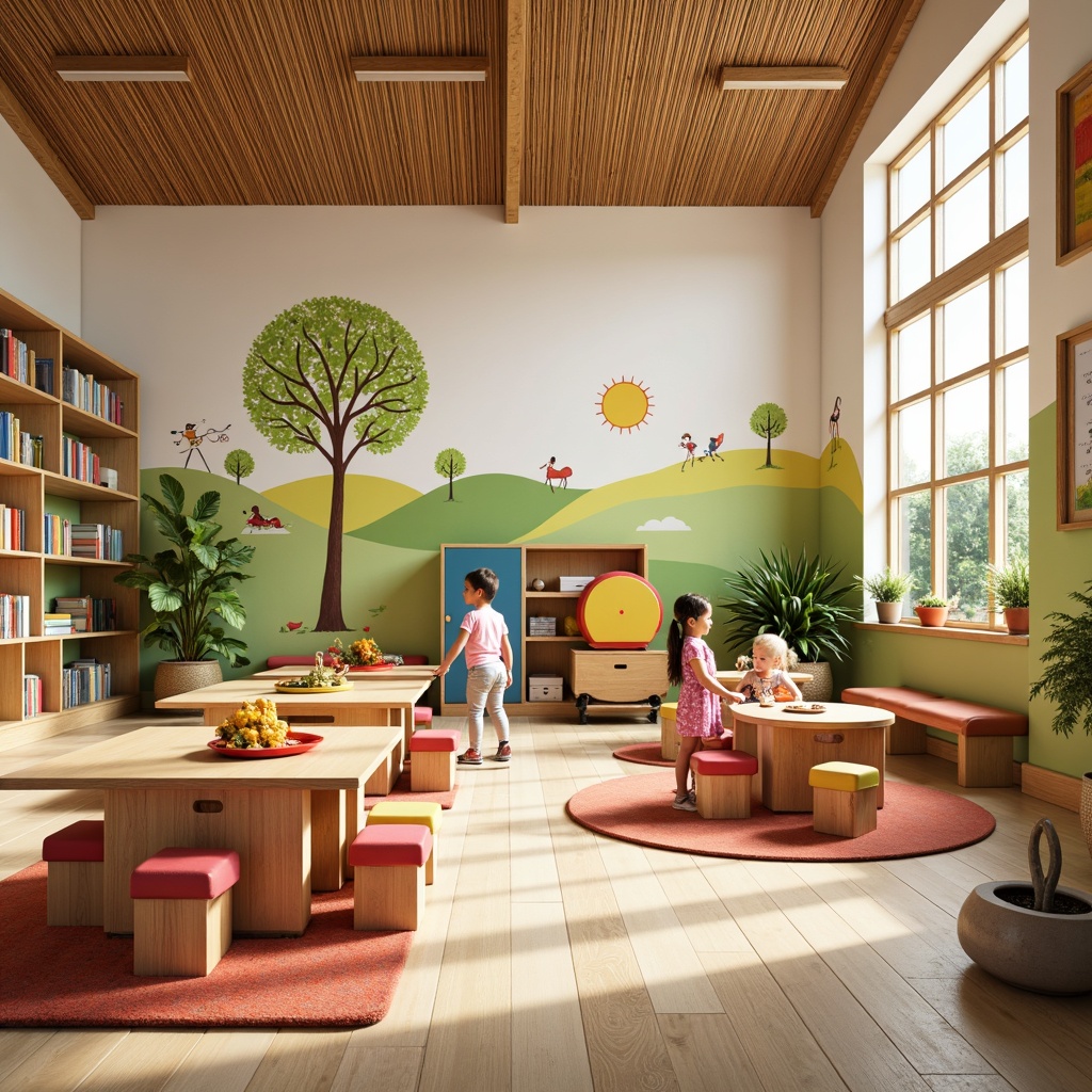 Prompt: Vibrant kindergarten, colorful wall murals, playful wooden furniture, ergonomic chairs, interactive learning tables, soft cushioned floors, natural bamboo textures, traditional Asian-inspired accents, curved lines, harmonious color schemes, abundant natural light, warm cozy atmosphere, shallow depth of field, 1/1 composition, realistic reflections, ambient occlusion, subtle wood grain details.