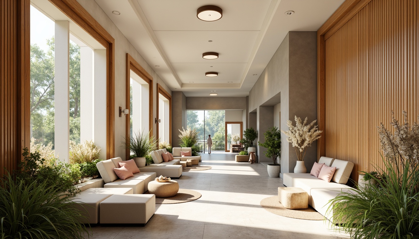 Prompt: Soothing healthcare facility, calming natural materials, earthy tone walls, wooden accents, gentle curves, minimal ornamentation, soft warm lighting, serene ambiance, peaceful atmosphere, comfortable seating areas, lush greenery, vibrant flowers, natural textiles, organic patterns, gentle color transitions, pastel hues, cream whites, pale blues, muted greens, warm beiges, soft pinks, calming yellows, subtle gradients, atmospheric misting, shallow depth of field, 1/1 composition, realistic textures, ambient occlusion.