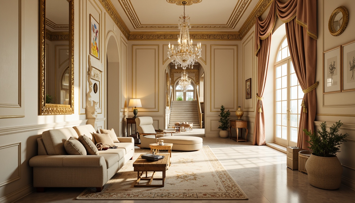 Prompt: Elegant neoclassical interior, ornate moldings, intricate ceiling details, luxurious furnishings, rich wood tones, cream-colored walls, crystal chandeliers, lavish drapery, regal upholstery, polished marble floors, grand staircase, sweeping archways, soft golden lighting, shallow depth of field, 1/1 composition, realistic textures, ambient occlusion.