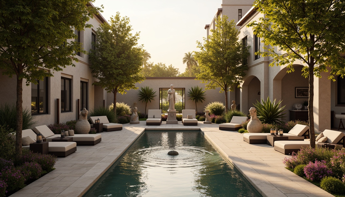 Prompt: Elegant poolside setting, refined classical architecture, ornate fountains, lush greenery, blooming flowers, warm golden lighting, soft sunset ambiance, gentle water features, majestic stone statues, symmetrical layout, tranquil atmosphere, subtle shadow accents, dramatic uplighting, sparkling pool water, warm beige tones, natural stone decking, ornamental lanterns, subtle color grading, 1/2 composition, shallow depth of field, realistic reflections.