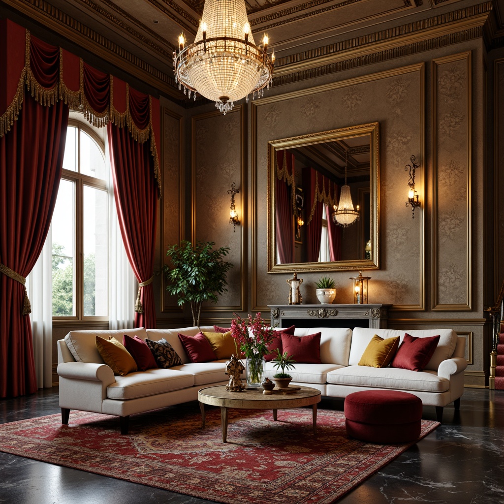 Prompt: Velvety soft couches, intricate embroidered patterns, lavish silk fabrics, ornate golden frames, opulent crystal chandeliers, plush area rugs, majestic floor-to-ceiling drapes, sumptuous velvet pillows, richly carved wooden furniture, luxurious marble floors, grandiose staircases, warm ambient lighting, 1/2 composition, soft focus blur, shallow depth of field.