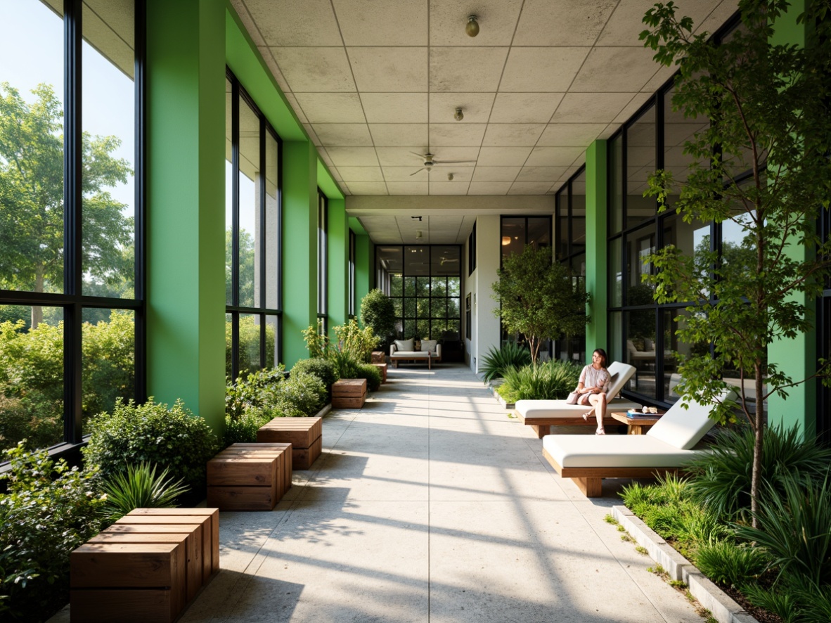 Prompt: Vibrant green accents, sleek glass walls, modern minimalist architecture, lush tropical plants, natural stone flooring, warm wooden benches, soft diffused lighting, subtle misting system, 3/4 composition, shallow depth of field, panoramic view, realistic textures, ambient occlusion, tranquil atmosphere, serene ambiance, nature-inspired color palette, earthy tones, pops of bright coral, soothing sage green, creamy white accents.