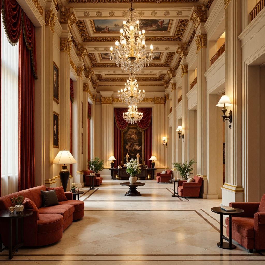 Prompt: Elegant neoclassical interior, rich wood tones, cream-colored marble, soft golden lighting, ornate moldings, intricate carvings, velvet fabrics, luxurious upholstery, crystal chandeliers, grandiose columns, symmetrical composition, warm beige walls, decorative frescoes, classic architectural details, refined ornateness, subtle texture contrasts, soft focus blur, 1/2 composition, ambient lighting, realistic reflections.