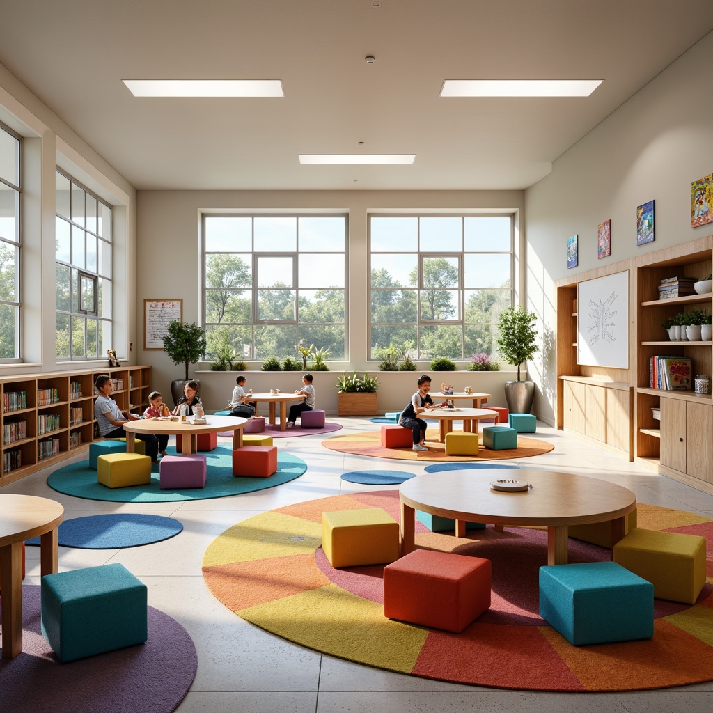 Prompt: Colorful elementary school classrooms, circular tables, collaborative learning spaces, interactive whiteboards, ergonomic chairs, flexible seating arrangements, natural light pouring in, vibrant wall art, educational posters, built-in shelving units, cozy reading nooks, plush area rugs, modern minimalistic decor, hexagonal shapes, modular furniture, playful color schemes, stimulating textures, 1/1 composition, softbox lighting, realistic shadows, subtle ambient occlusion.