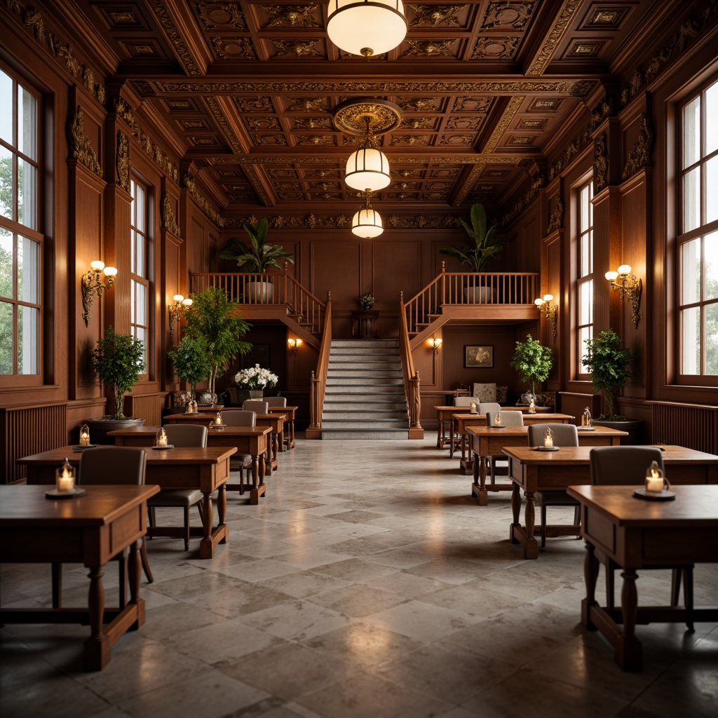 Prompt: Elegant classroom, rich wood tones, ornate furnishings, classic desks, comfortable chairs, vintage lanterns, intricate moldings, symmetrical architecture, grand staircases, polished marble floors, majestic columns, soft warm lighting, shallow depth of field, 3/4 composition, realistic textures, ambient occlusion.