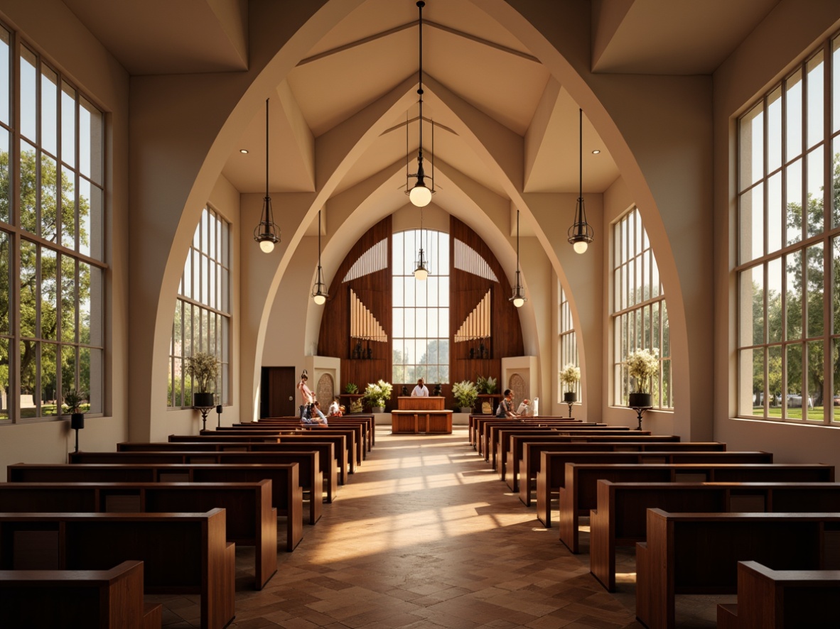 Prompt: Elegant worship space, curved lines, minimalist decor, subtle LED lighting, suspended lanterns, polished chrome fixtures, sleek wooden accents, stained glass windows, vaulted ceilings, ornate pulpits, modern religious symbols, serene ambiance, warm soft lighting, shallow depth of field, 1/1 composition, symmetrical framing, realistic textures, ambient occlusion.